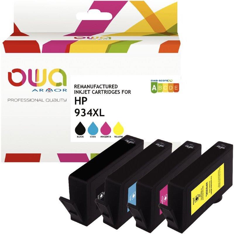 Ref. 07187, OWA Lot 4 cartouches jet d''encre NCMJ haute capacité compatible HP 934XL / 935XL (C2P23AE), marque ARMOR