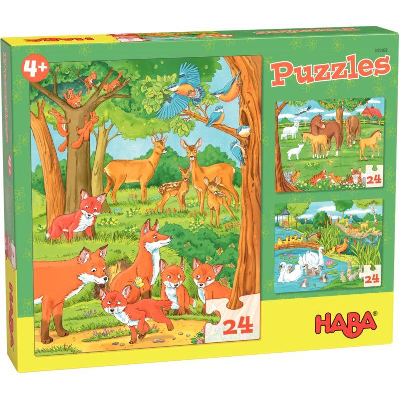 Image de  Boite de 3 puzzles 24 pièces, familles d''animaux 