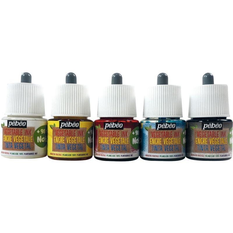 Image de  Set de 5 Flacons 45ml d''encre à dessiner végétale, couleurs primaires 