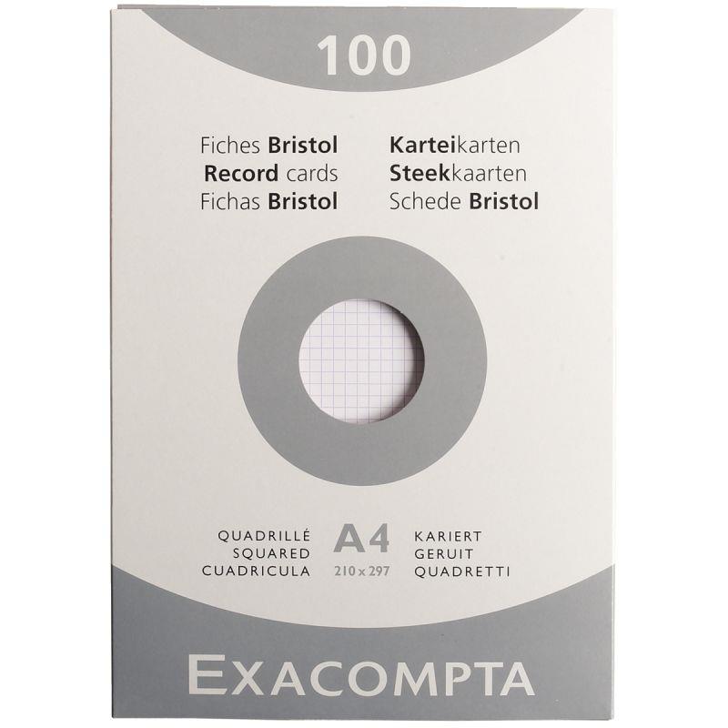 Image de  Etui de 100 fiches bristol non perforées carte forte 205 g blanc quadrillé 5x5 format 21x29,7 cm 