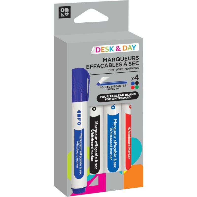 Image de  Pochette de 4 marqueurs tableaux blancs  Desk and Day pointe biseautée assortis 