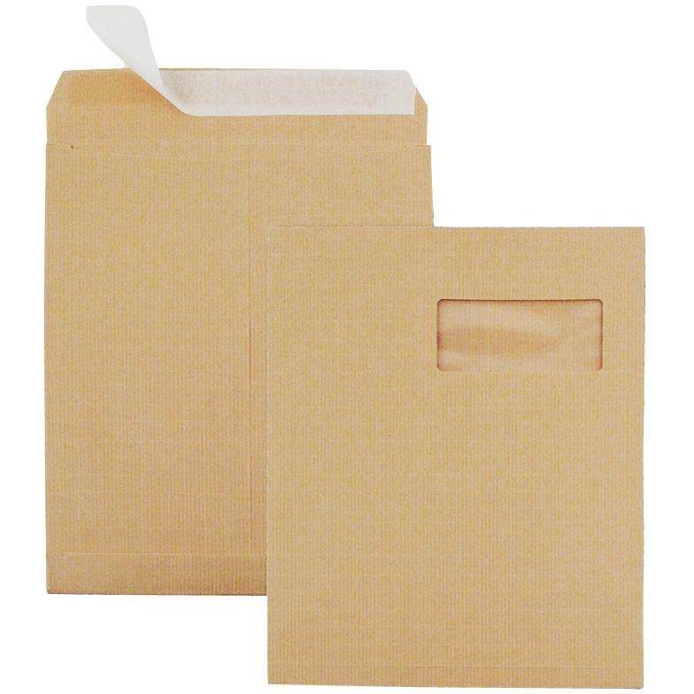 Image de  Carton de 250 pochettes kraft armé 230x320mm soufflet 30mm bande siliconée fenêtre 50x100mm 