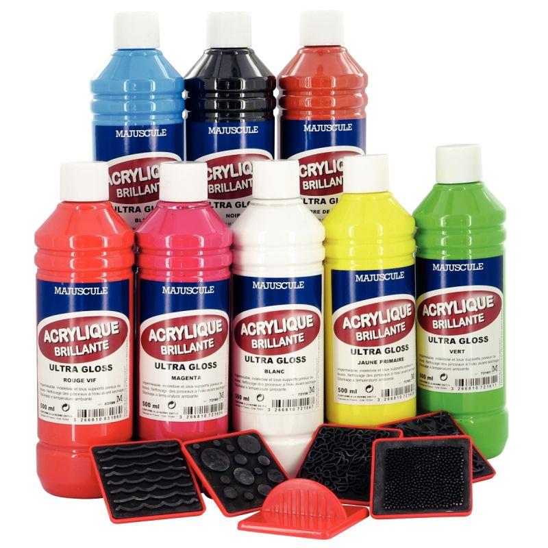 Image de  Coffret de 8 flacons 500 ml de peinture acrylique ULTRA GLOSS, couleurs classiques 