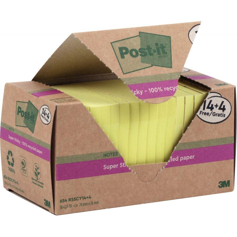 Image de  Tour de 18 blocs sticky recyclés 76 x 76 mm  dont 4 gratuits coloris jaune 