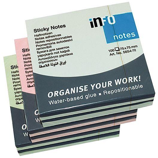 Ref. 50527, Paquet de 6 blocs repositionnables 75 x 75 mm pastel coloris assorti, marque N.C