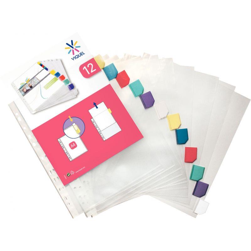 Image de  Jeu de 12 pochettes intercalaires en polypropylène + onglets colorés, format A4 