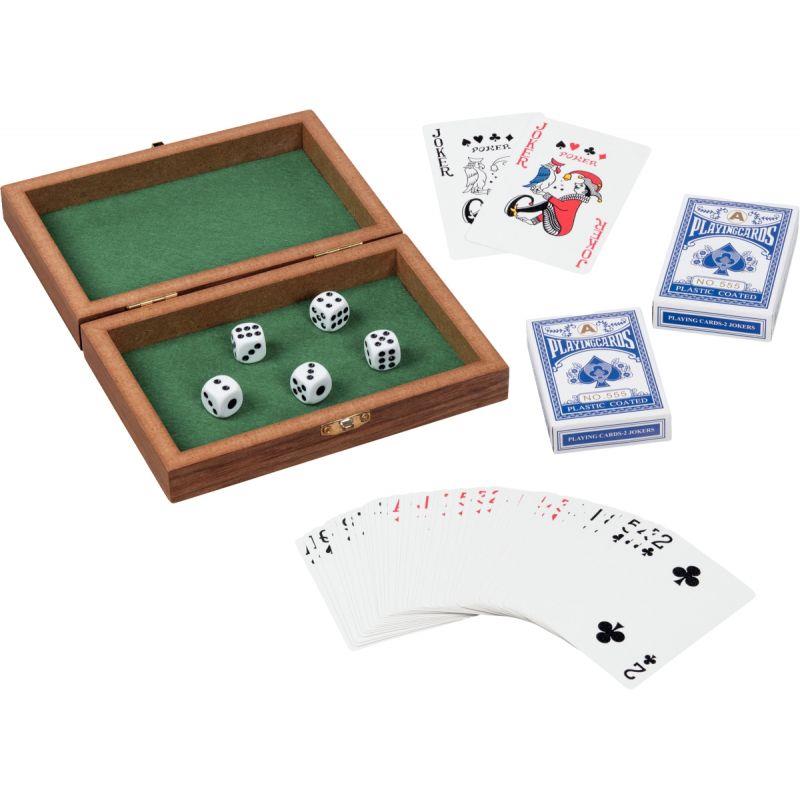 Ref. 55948, Boite de 2 jeux de 54 cartes avec 5 dés, marque N.C