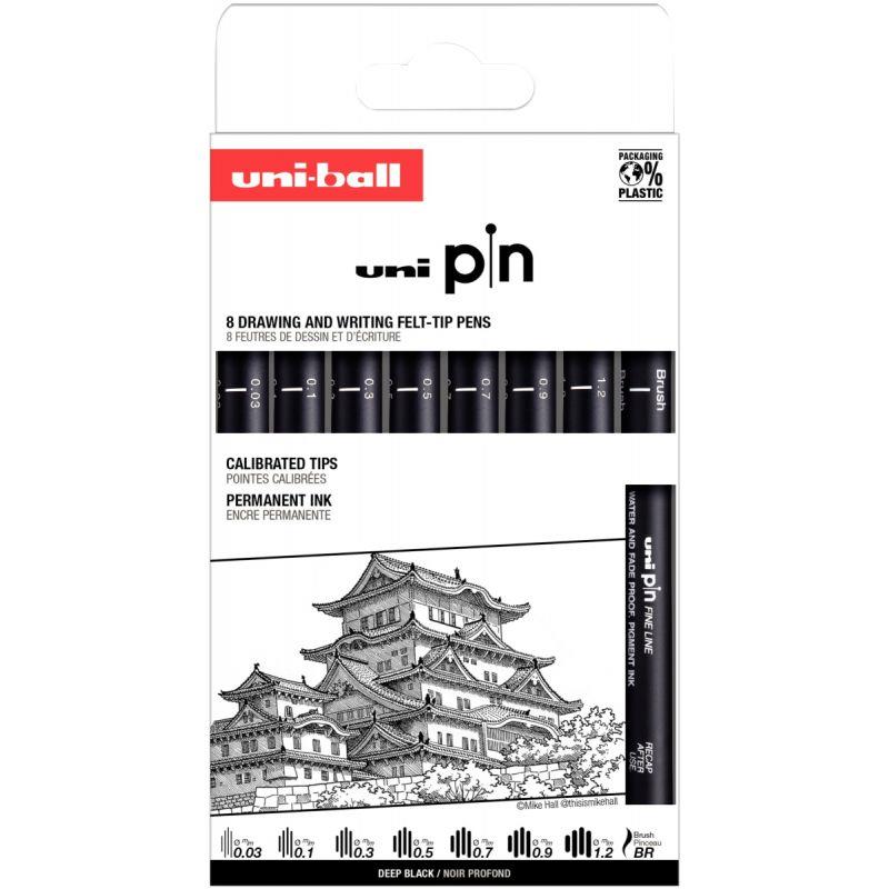 Image de  Pochette 8 feutres Uni Pin Pointes Impaires plus brush noir 