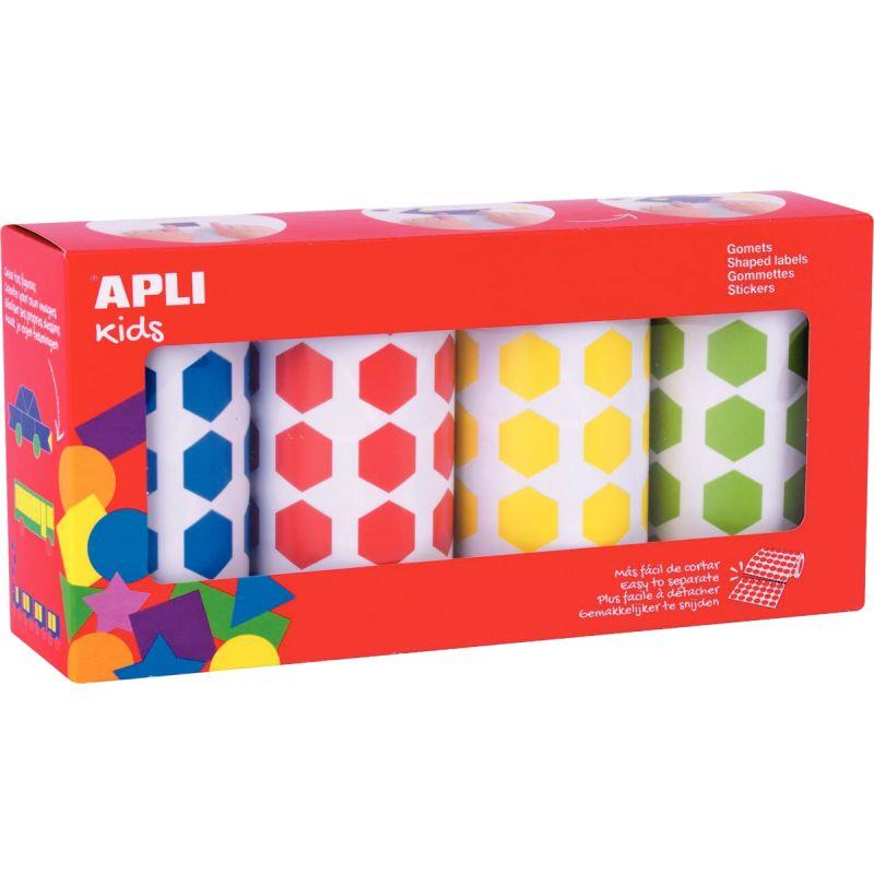 Ref. 56831, Pack de 4 rouleaux de 7080 gommettes hexagonales assorties, marque APLI
