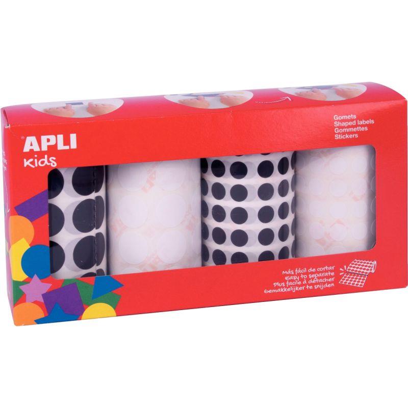 Image de  Lot de 4 rouleaux de gommettes rondes Ø 10.5 et 20mm noir et blanc 