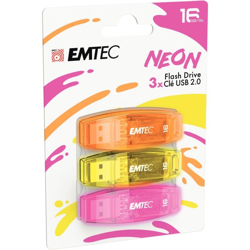 Ref. 57641, Lot de 3 clés USB EMTEC C410 Néon 16Go, marque EMTEC