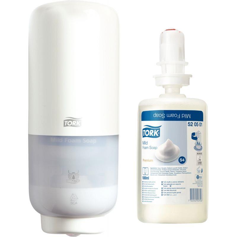 Image de  Lot de 1 carton de 6 recharges de savon mousse S4 + 1 distributeur de savon S4 avec capteur blanc of 