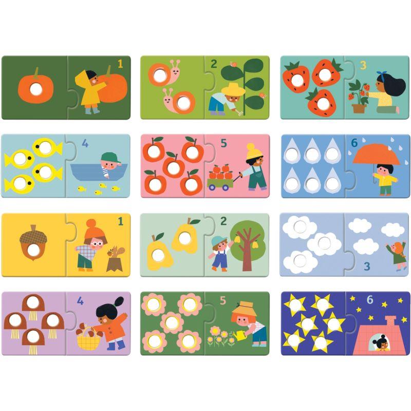 Ref. 58532, Boite de 12 puzzles duo, premiers chiffres, marque DJECO