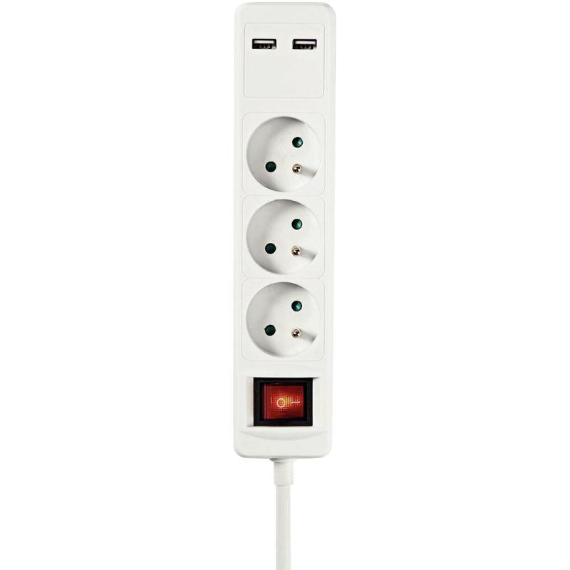 Image de  Bloc de 3 prises + 2 USB avec bouton marche/arrêt 1,5m blanc 