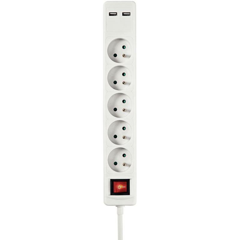 Image de  Bloc de 5 prises + 2 USB avec bouton marche/arrêt 1,5m blanc 