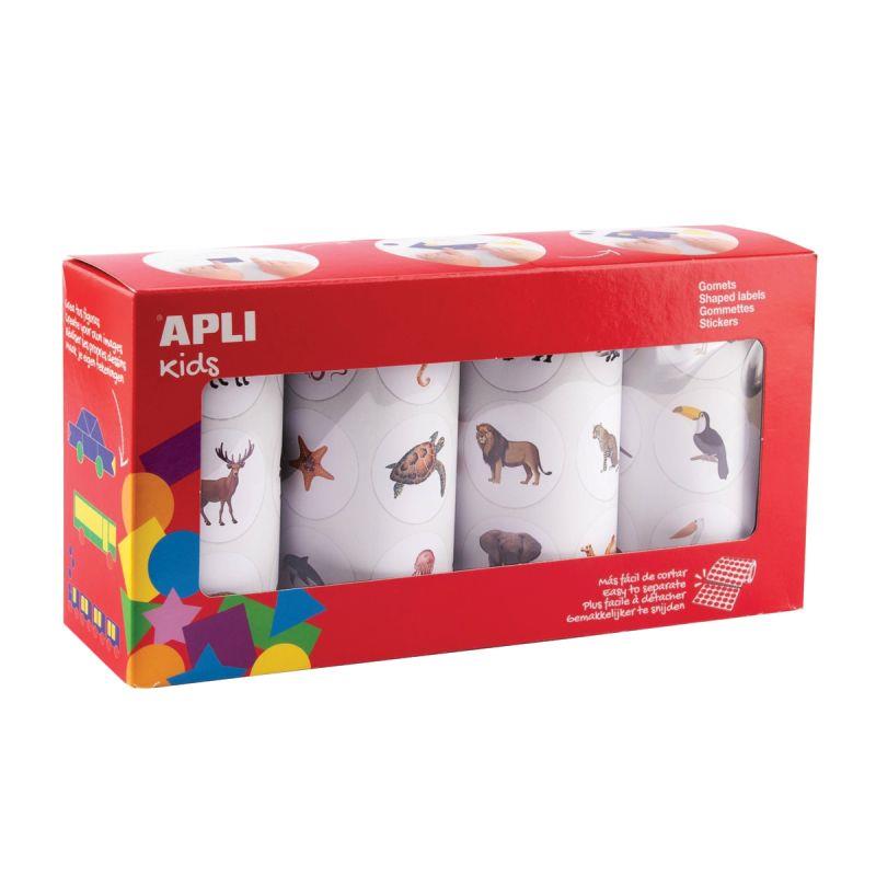 Ref. 59003, Pack de 4 rouleaux maxi gommettes animaux adhésifs permanents, marque APLI