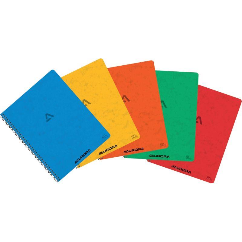 Ref. 60030, Cahier spiralé 120 pages 80g, quadrillé 5x5, format A5, coloris assortis, marque AURORA