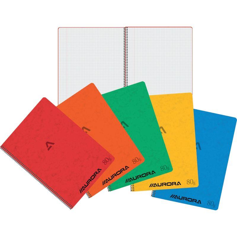 Ref. 60035, Cahier spiralé 120 pages 80g, quadrillé 5x5, format A4, coloris assortis, marque AURORA