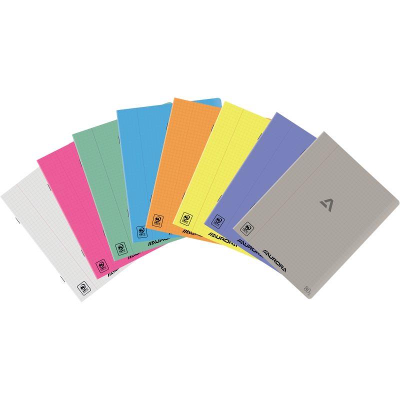 Ref. 60059, Cahier piqué AURORA 72 pages 80g, format A5 quadrillé 5x5, couverture PP coloris assortis, marque AURORA