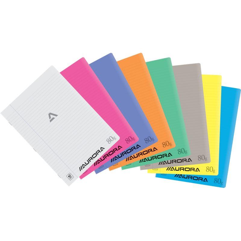 Ref. 60063, Cahier piqué AURORA 72 pages 80g, format A4 ligné 8mm, couverture PP coloris assortis, marque AURORA
