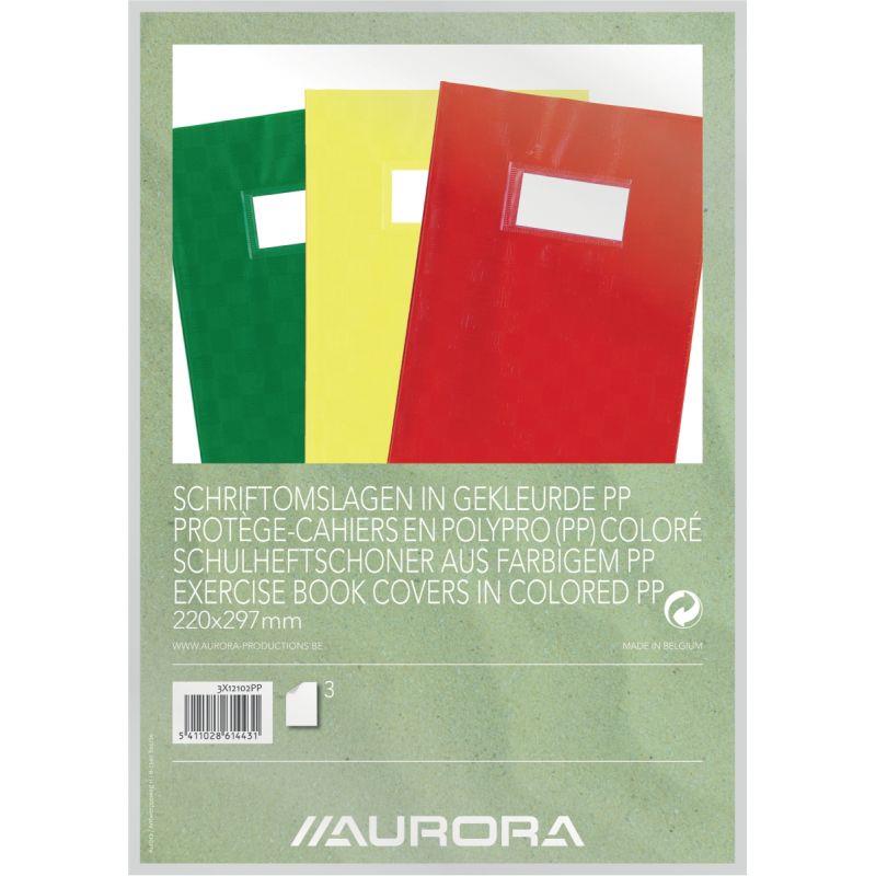 Ref. 60138, Paquet de 3 protège-cahiers PP opaque + étiquette, format A4, coloris assortis, marque AURORA