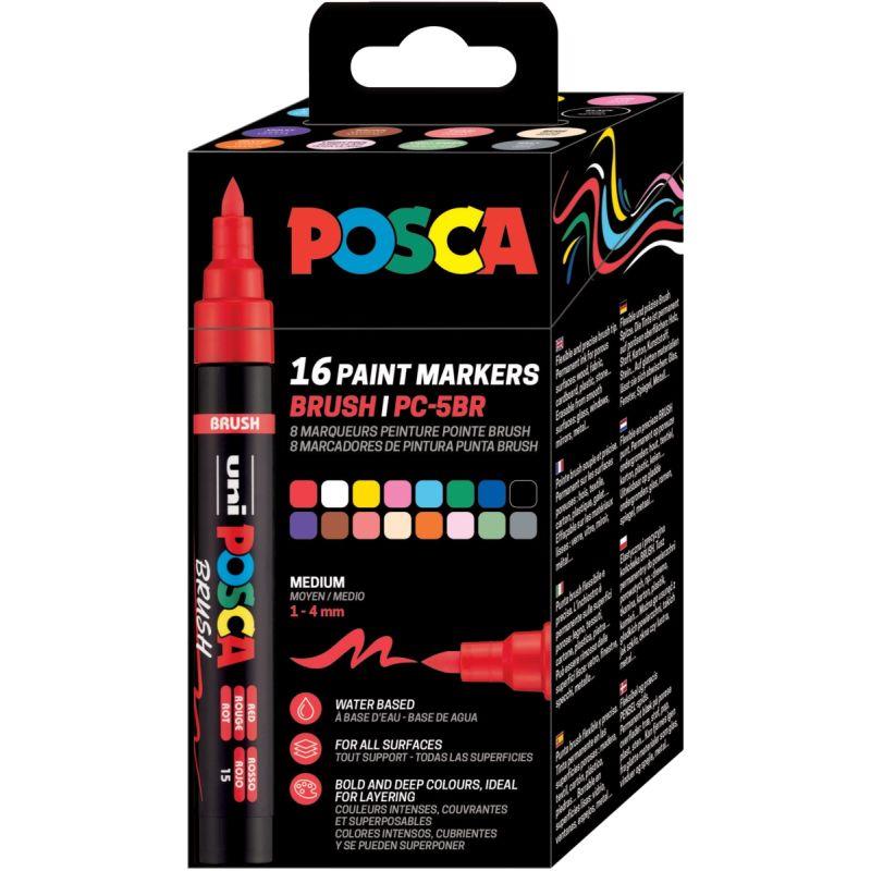 Image de  Boîte de 16 marqueurs Posca pointe moyenne brush assortis 