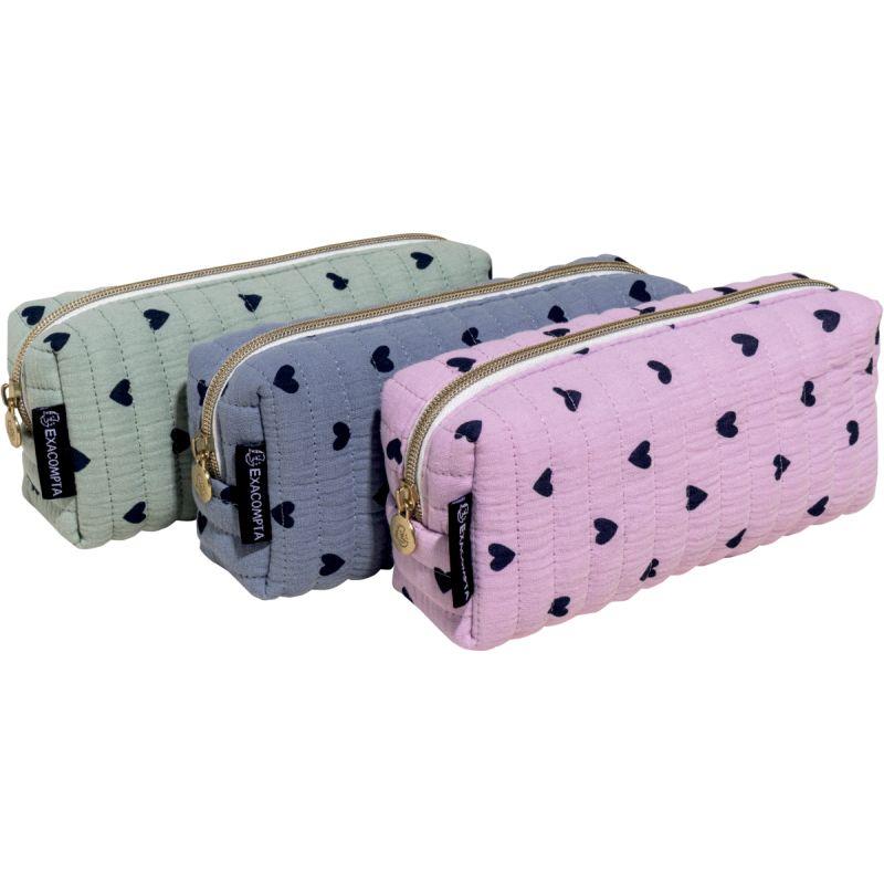 Image de  Présentoir de 15 trousses cœur coton rectangulaire 3 coloris : Bleu, Mauve, Vert 