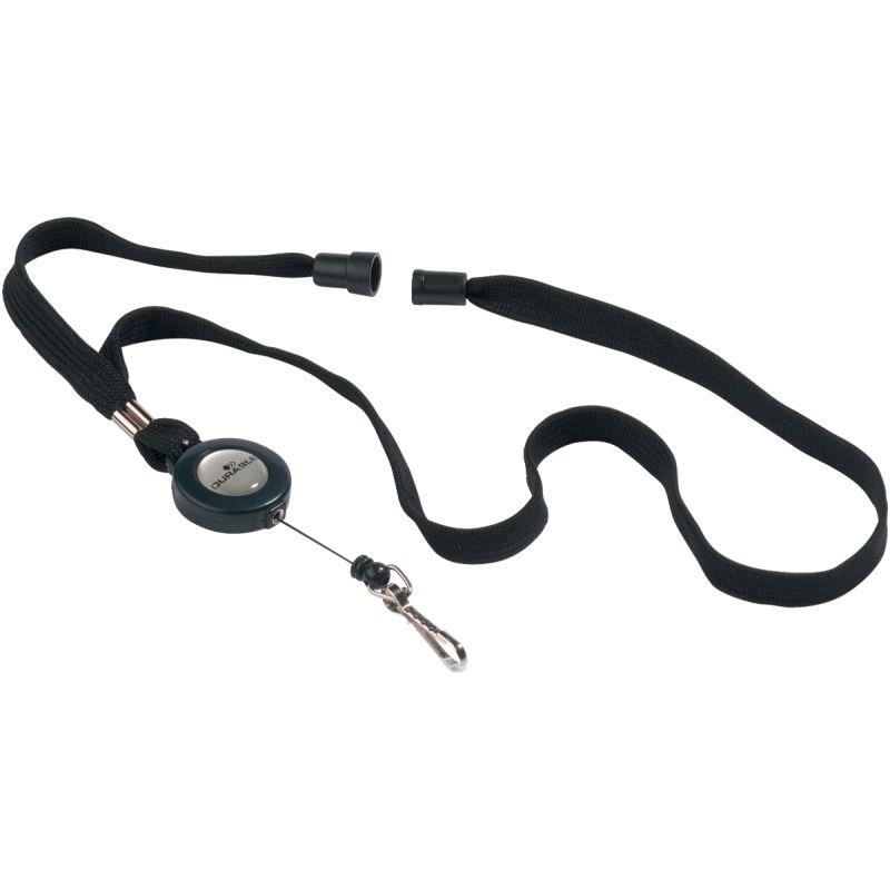 Ref. 60797, Lacet textile avec enrouleur et mousqueton noir, marque DURABLE