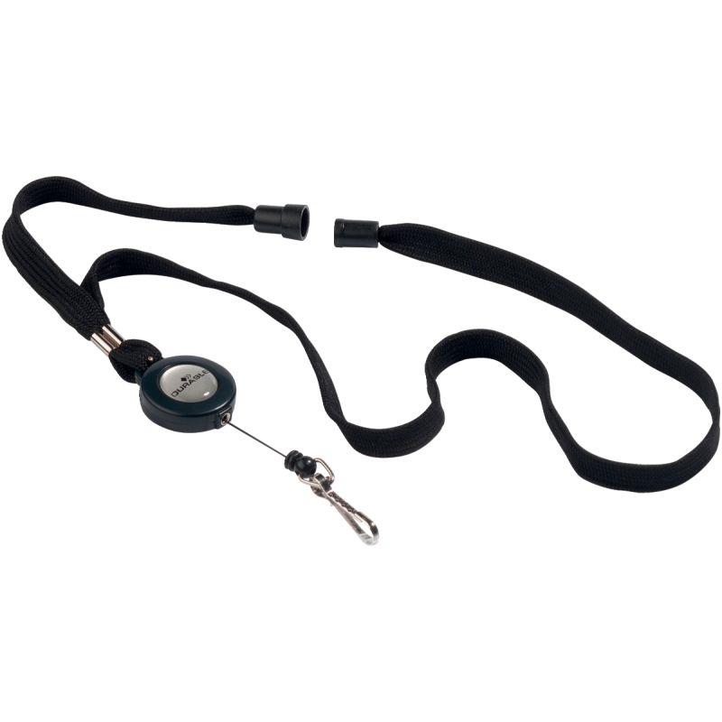 Ref. 60801, BOITE DE 10 LACET TEXTILE AVEC ENROULEUR ET MOUSQUETON NOIR, marque DURABLE