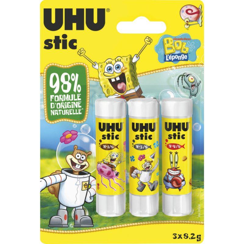 Ref. 62071, Blister de 3 bâtons de colles 8,2g Uhu stick licence Bob l''Eponge, marque UHU