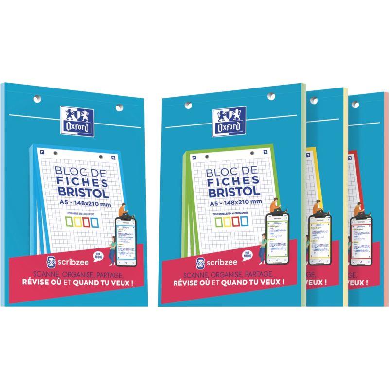 Image de  Bloc de 30 fiches bristol perforées 2 trous 210 g assorti quadrillé 5x5 format 14.8 x 21 cm 
