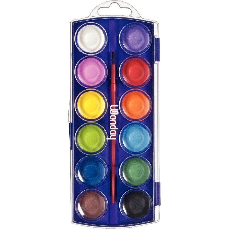 Ref. 62256, Boîte de 12 pastilles de gouache 30 mm couleurs assorties + 1 pinceau, marque N.C