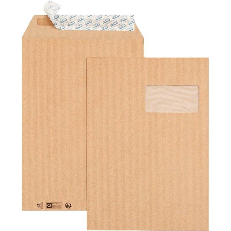 Ref. 62348, Carton 250 pochettes kraft 229x324 C4 90g avec fenêtre brande siliconée, marque GPV