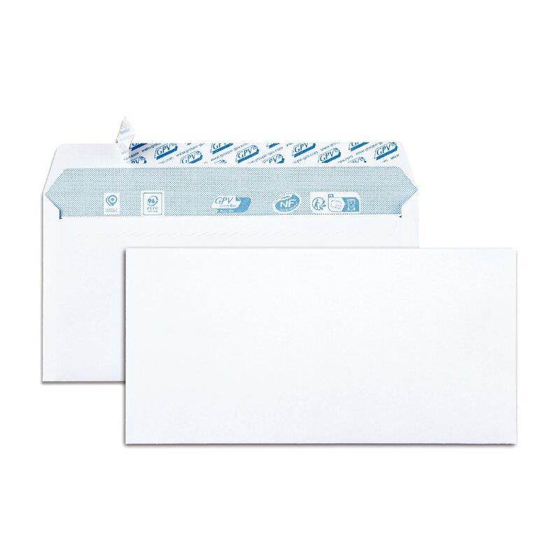 Ref. 62399, Carton 500 enveloppes blanches DL 80g bande siliconée, marque GPV
