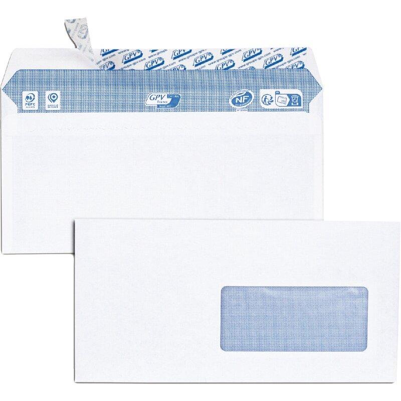 Ref. 62400, Carton 500 enveloppes blanches DL Fenêtre 45 80grammes bande siliconée, marque GPV
