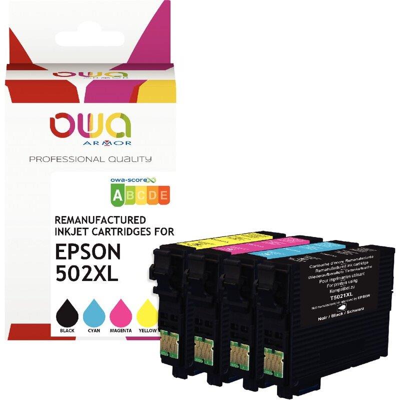 Ref. 62463, OWA Lot 4 cartouches jet d''encre NCMJ haute capacité compatible EPSON JUMELLE 502XL (T02W640), marque ARMOR