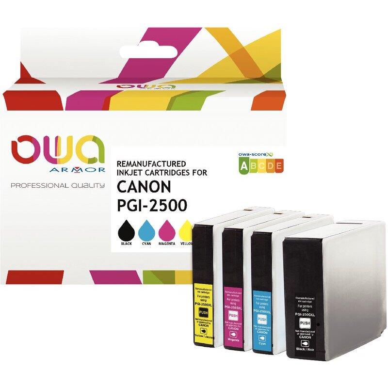 Ref. 62491, OWA Lot 4 cartouches jet d''encre NCMJ haute capacité compatible CANON PGI2500XL (9254B001), marque ARMOR