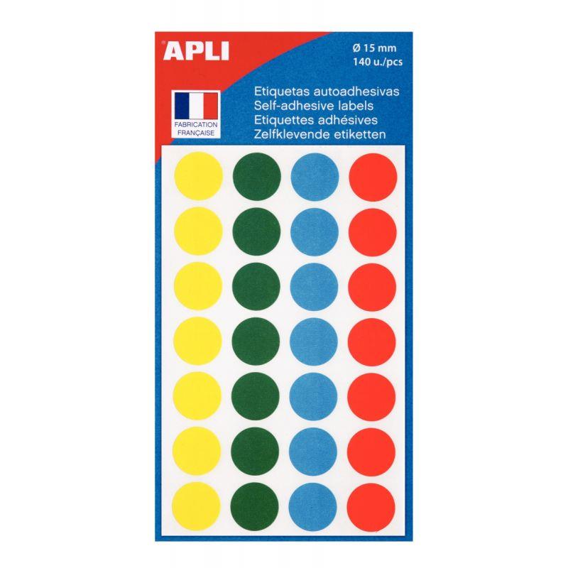 Ref. 62688, Pochette de 140 pastilles de couleur diamètre 15mm coloris assortis, marque APLI