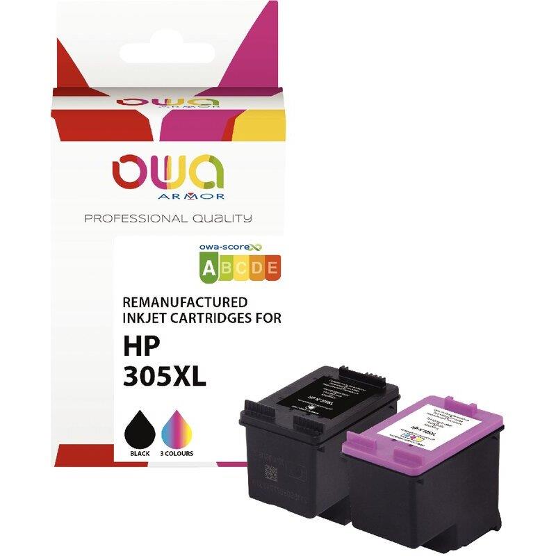 Ref. 62843, OWA Lot 2 cartouches jet d''encre noir et couleurs haute capacité compatible HP 305XL (3YM62AE), marque ARMOR