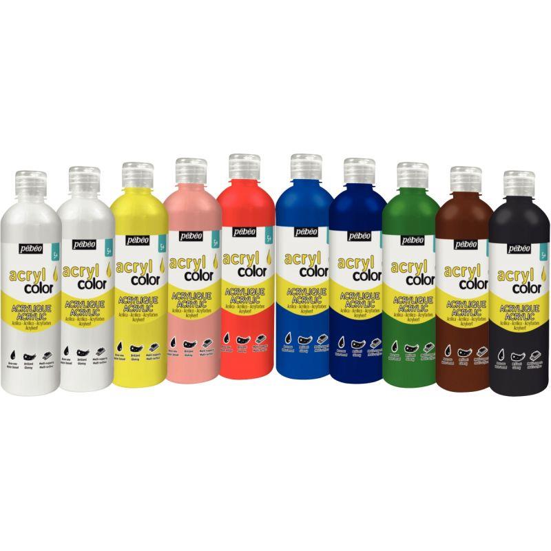 Image de  Carton 10 flacons 500 ml de peinture acrylique brillante ACRYLCOLOR couleurs standards 