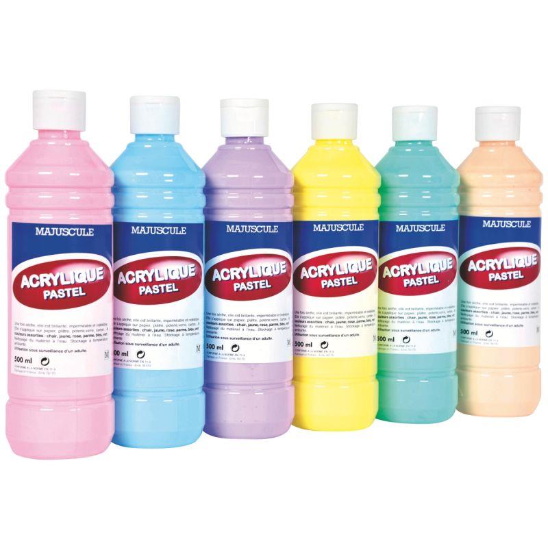 Image de  Carton de 6 flacons de 500 ml de peinture acrylique brillante, couleurs pastel assorties 