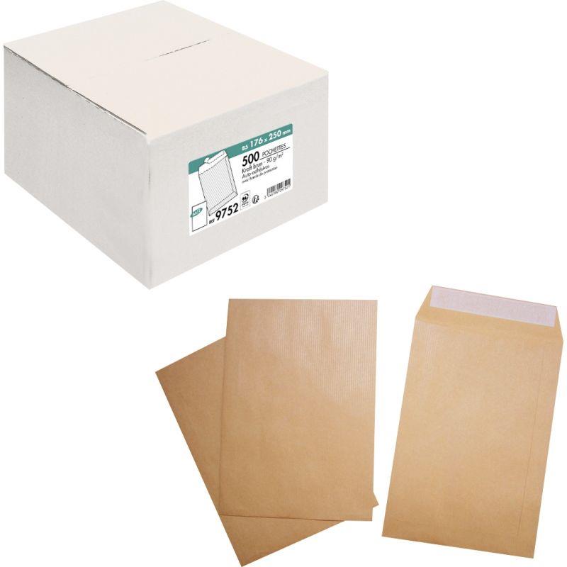 Ref. 74939, Boite de 500 pochettes kraft 176x250mm 90g bande siliconée, marque LA COURONNE