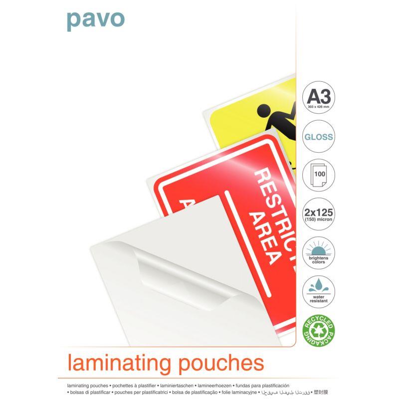 Ref. 75945, Boîte de 100 pochettes de plastification 125µ A3, marque PAVO
