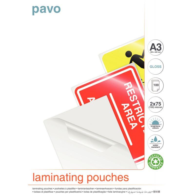 Ref. 75946, Boite de 100 pochettes à plastifier 75µ A3, marque PAVO