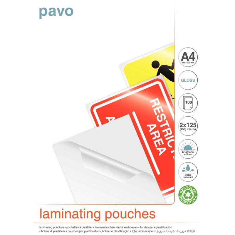 Ref. 75948, Boîte de 100 pochettes de plastification A4 125 microns, marque PAVO