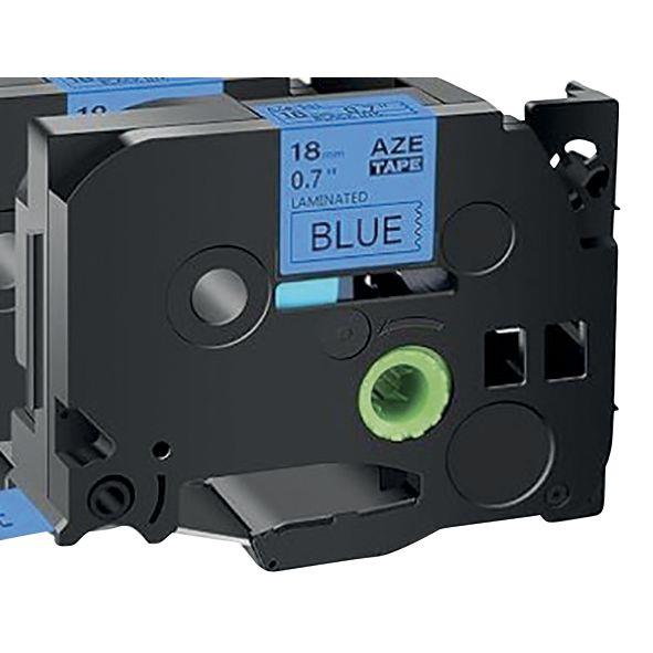 Ref. 76394, Recharge TZE noir sur bleu 18 mm x 8 m compatible, marque LAMA