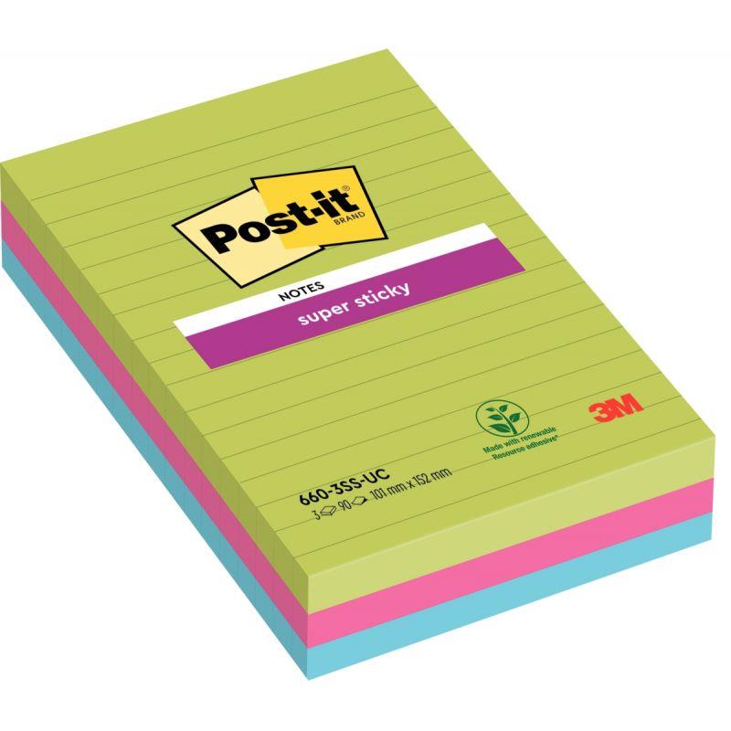 Image de  Paquet de 3 blocs Notes Super Sticky de 90 feuilles lignées, format 101 x 152 mm 