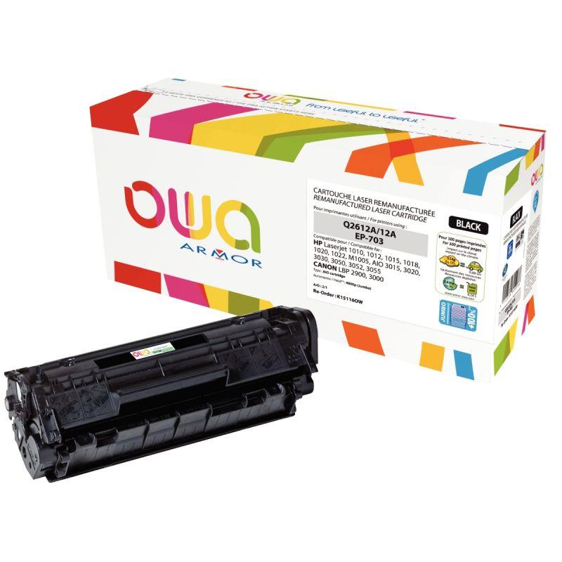 Image de  OWA cartouche laser noire jumbo remanufacturée compatible HP 12A / CAN 703 (Q2612A / CAN 703) 