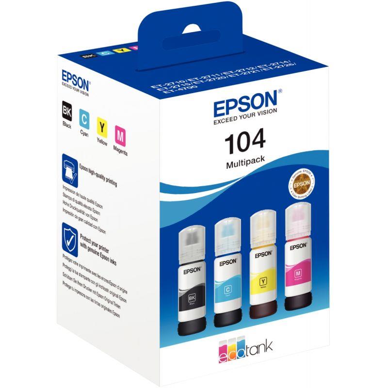 Image de  Epson 104 pack de 4 flacons jet d''encre noire, cyan, magenta et jaune authentique (T00P640) 