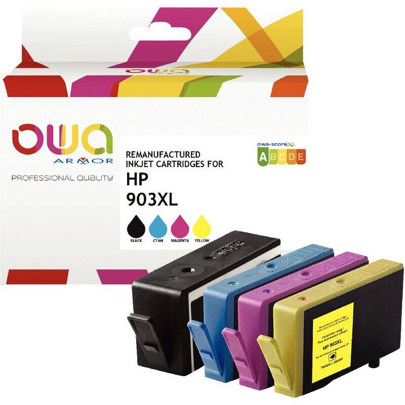 Ref. 89938, OWA Lot 4 Cartouches jet d''encre NCMJ haute capacité compatible HP 903XL (T6M15AE), marque ARMOR